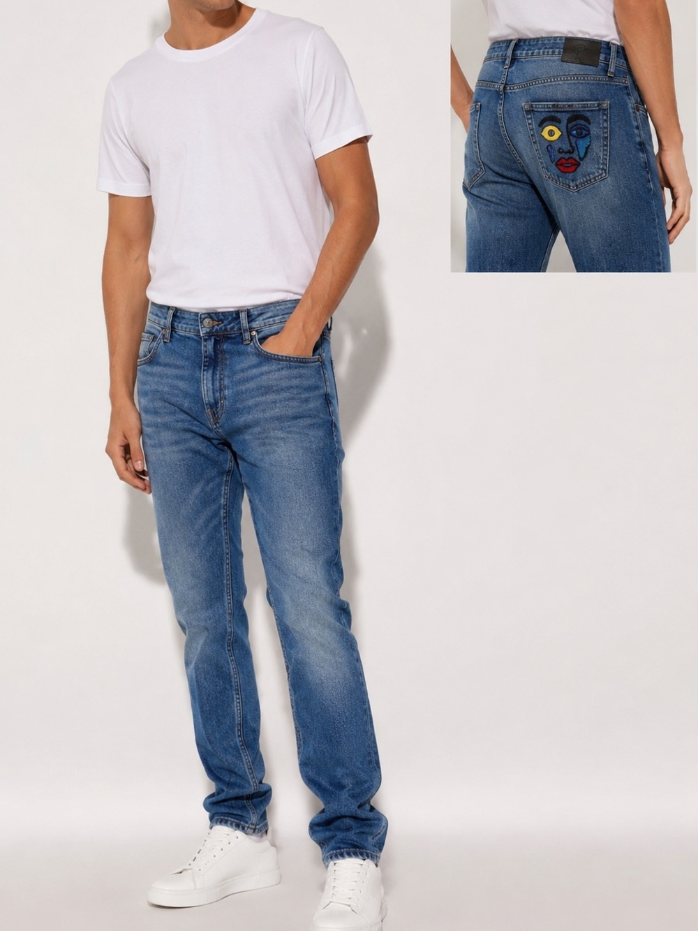 Fendi Straight Blue Jeans with Embroidered Face Pocket
